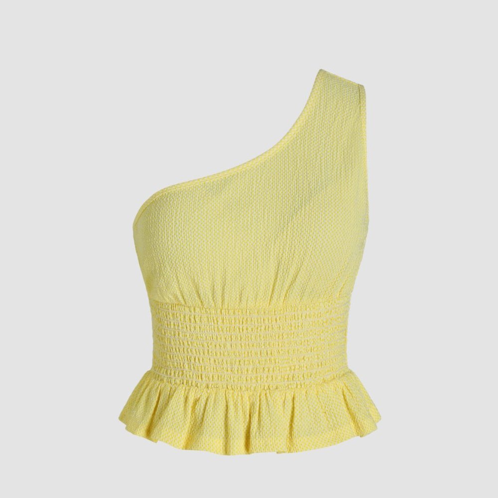 Butter Yellow - NWT Cider - ASYMMETRICAL RUFFLE HEM SHIRRED CROP TOP